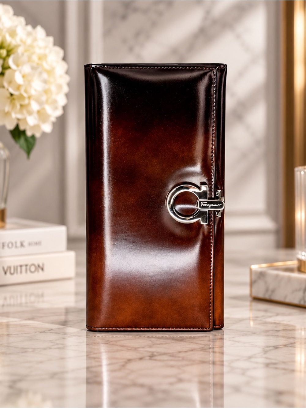 Salvatore Ferragamo Brown Ombré Leather Wallet | Silver Gancini | Project Piece